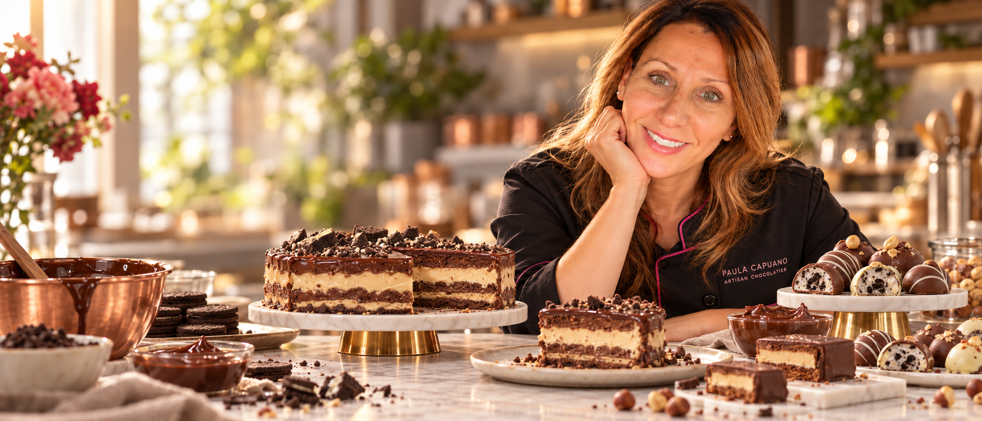 Paula Capuano en su cocina junto a tortas de chocolate y bombones artesanales